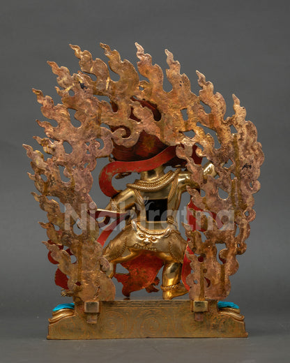 Back view handmade Vajrapani Buddhist statue showcasing intricate craftsmanship flaming halo and Nepalese artistry