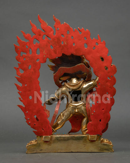Back view handmade Vajrapani statue showcasing flaming halo intricate craftsmanship and Nepalese artistry
