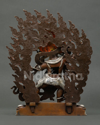 Back view of handmade Vajrapani statue with copper oxidized finish and spiritual altar aesthetic