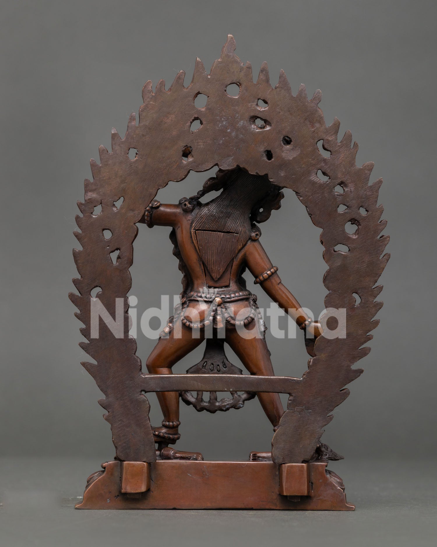 Back view of handmade Vajrayogini statue with oxidized copper finish and Himalayan craftsmanship