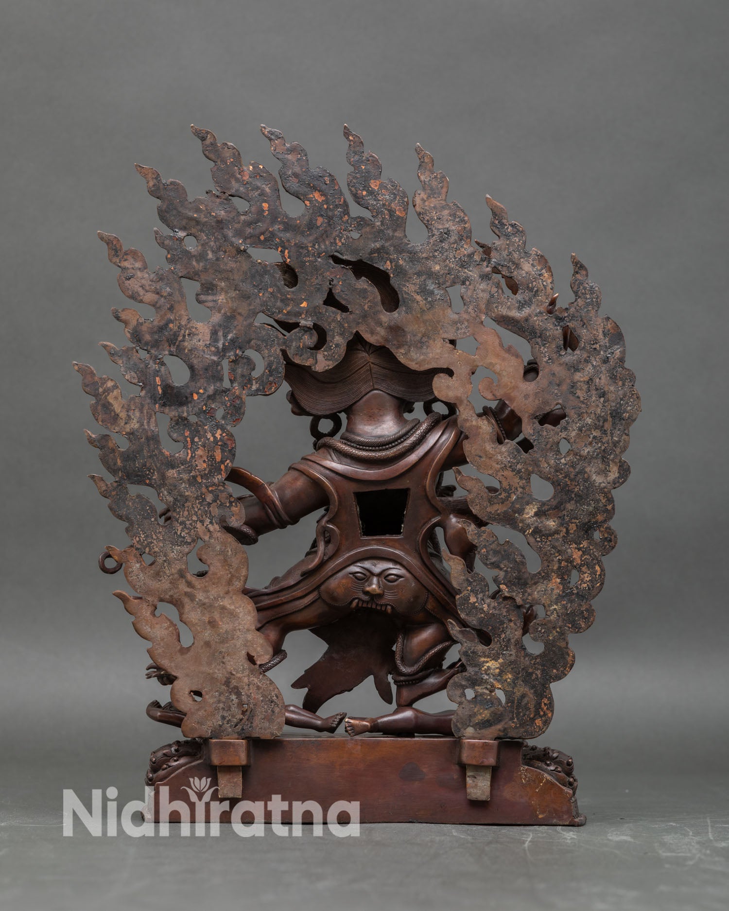 Back view Hayagriva sculpture oxidized copper Himalayan Buddhist protector deity
