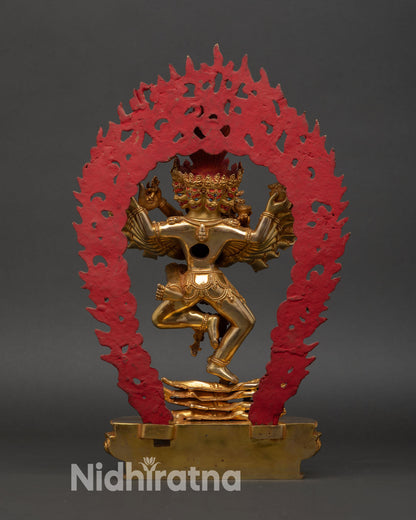 Back view of Hevajra statue handcrafted Nepal copper gold detailing multi headed deity intricate carving sacred Vajrayana Buddhist art