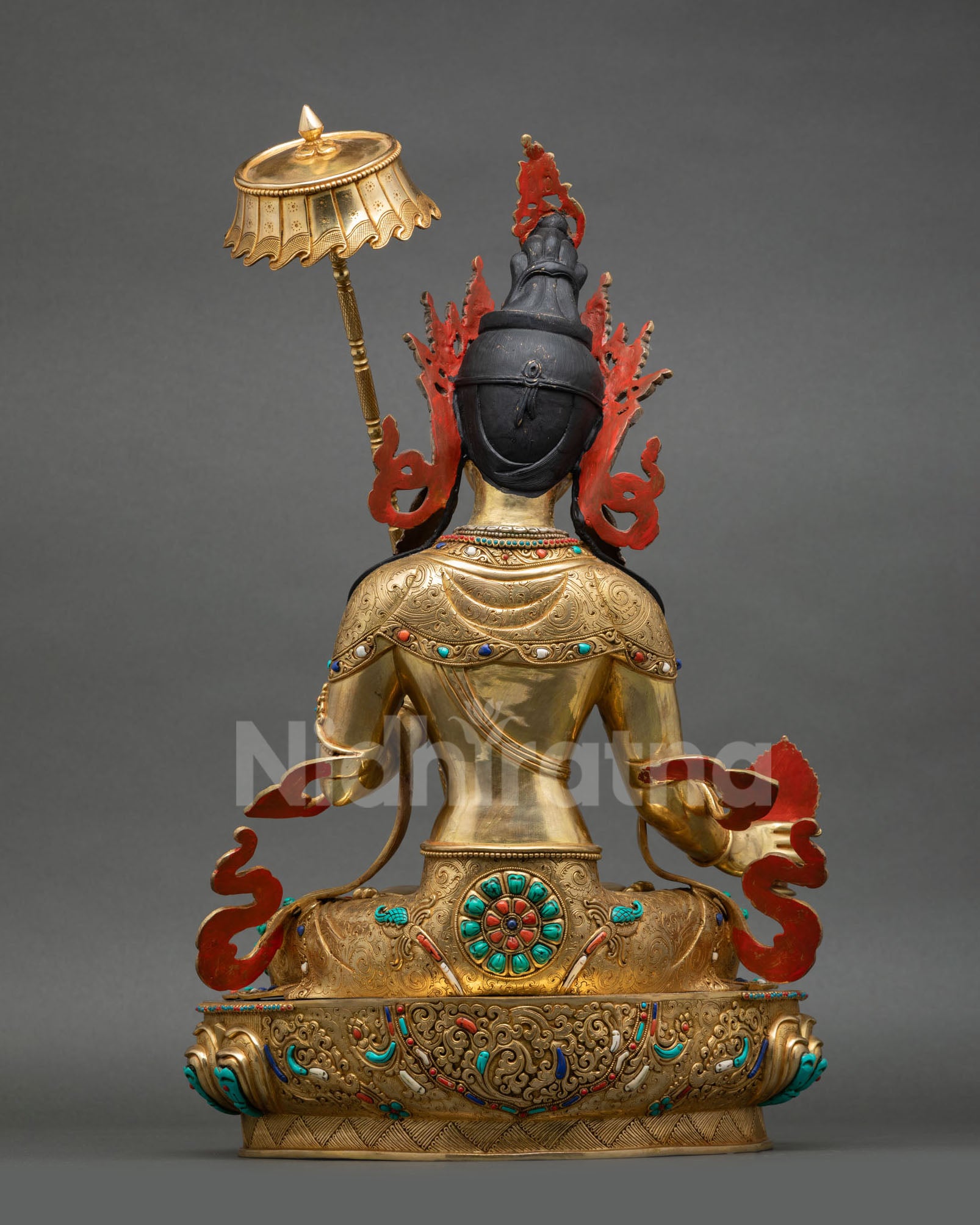 Back view of Himalayan Dukar statue handcrafted Nepal, spiritual altar statue meditation decor, detailed artisan craftsmanship 
