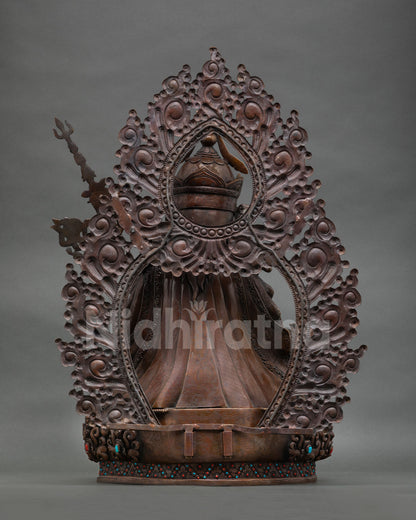 Back view of Himalayan Guru Rinpoche sculpture with lotus pedestal and traditional Newari craftsmanship
