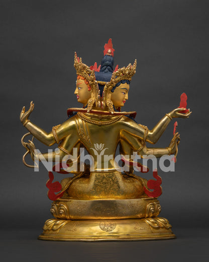 Back view showing intricate lotus base craft of gold Namgyalma statue