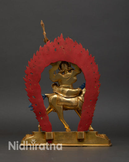 Back view King Ghesar statue handcrafted Nepal metal sculpture detailed armor and horse design, powerful protector deity for altar and meditation space.
