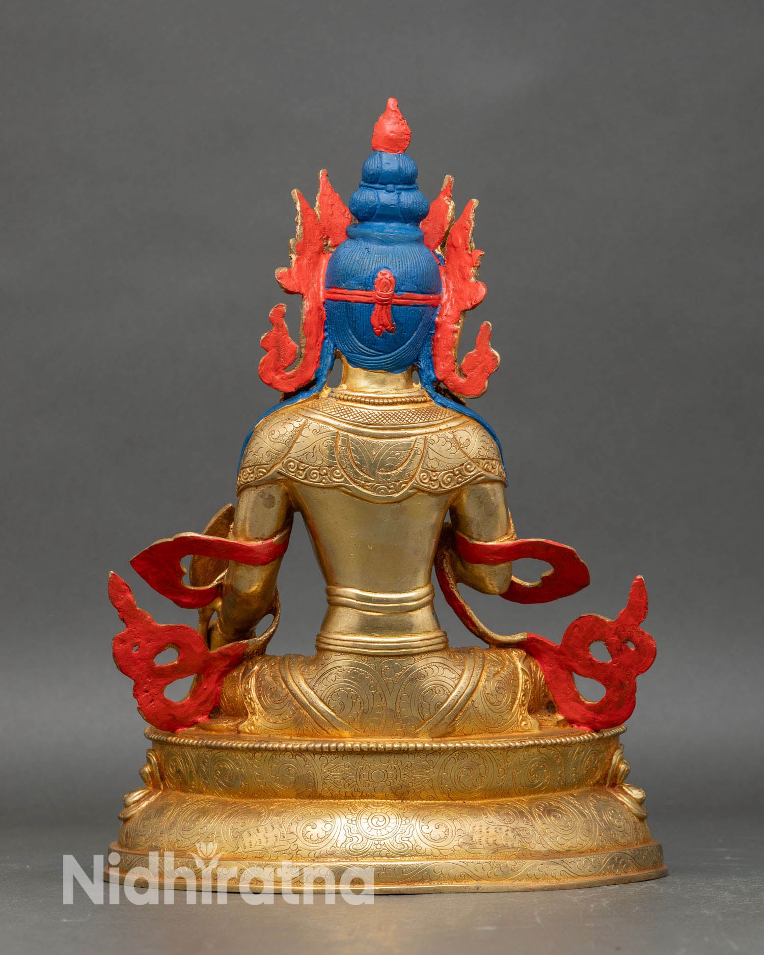 Back view Kshitigarbha statue showing ornate robes and handcrafted Himalayan details.