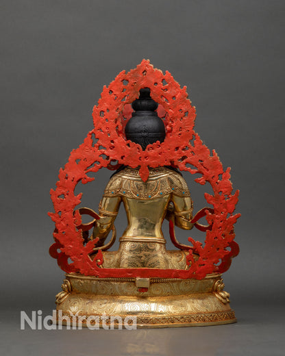 back view ksitigarbha statue showing hand-carved lotus pedestal and floral halo