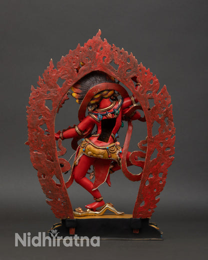 Back view of Kurukulla statue handmade copper Nepal sculpture with sacred Buddhist symbolism for meditation space altar