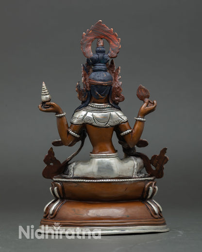 Back view of Lakshmi statue double lotus throne detail oxidized silver plated finish Nepalese Newari artisan craftsmanship