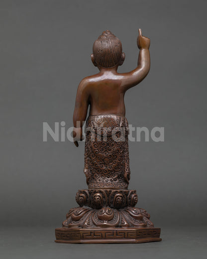 Back view of Little Buddha statue standing lotus throne base intricate detailing Nepal handmade sacred sculpture meditation room home altar