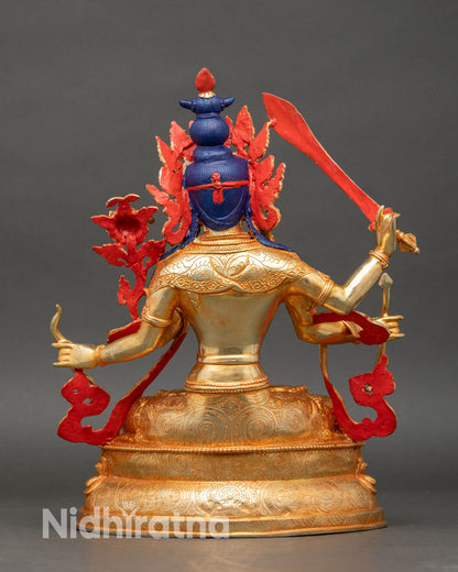 Back view of Maha Manjushri statue artisan carvings Nepalese spiritual decor