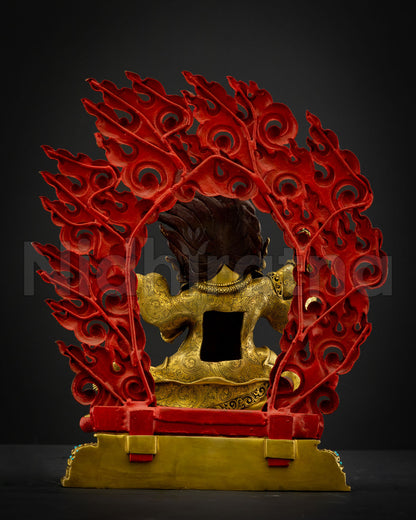 Back view of Mahakala Bernagchen flaming halo copper Buddhist altar statue

