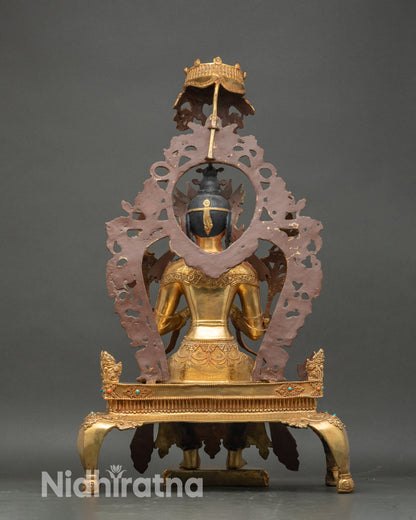 back view of maitreya buddha statue, intricate throne carving and halo frame