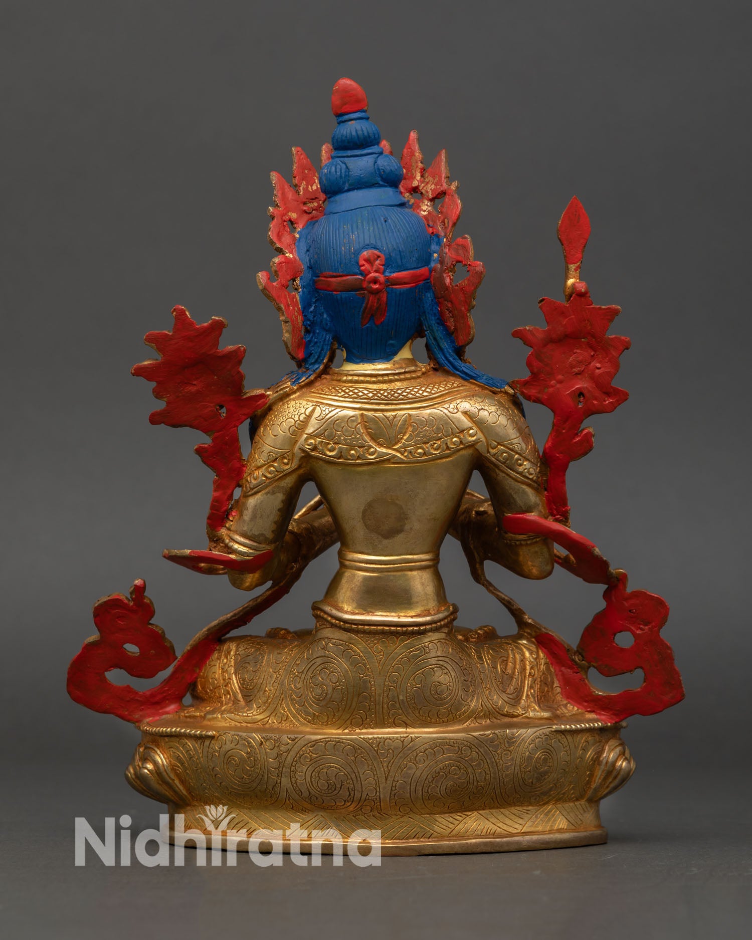 Back view Manjushri bodhisattva statue copper sculpture meditation altar spiritual decor buddhism