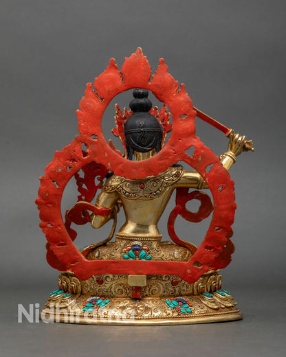 Back view Manjushri statue halo engraved double lotus pedestal Nepalese