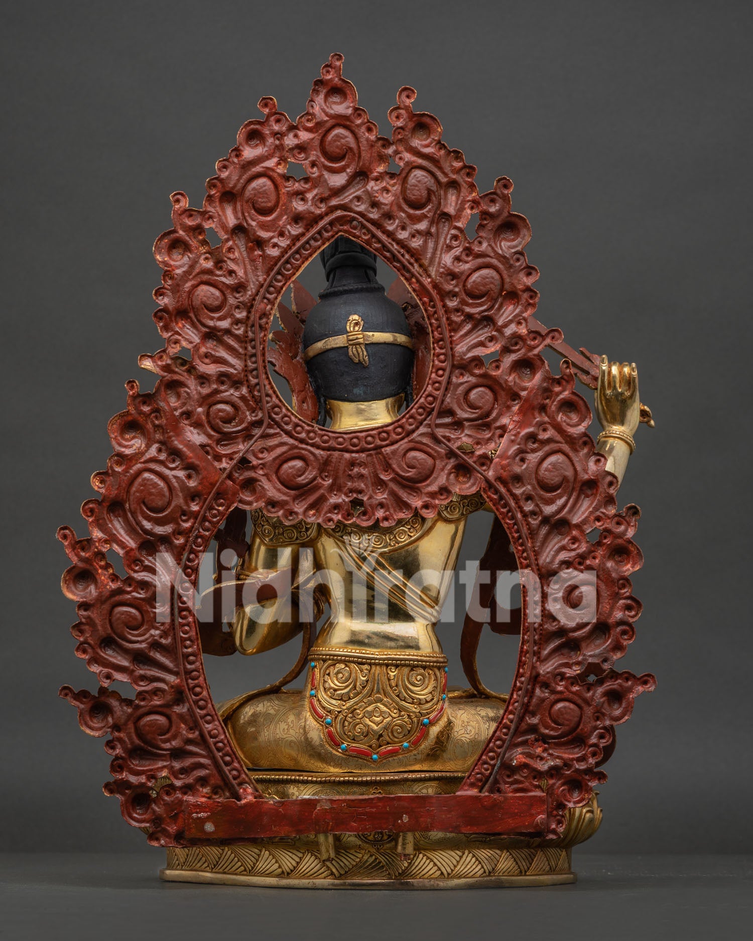 Back View Manjushri Statue with Intricate Floral Halo and Handcrafted Nepalese Details