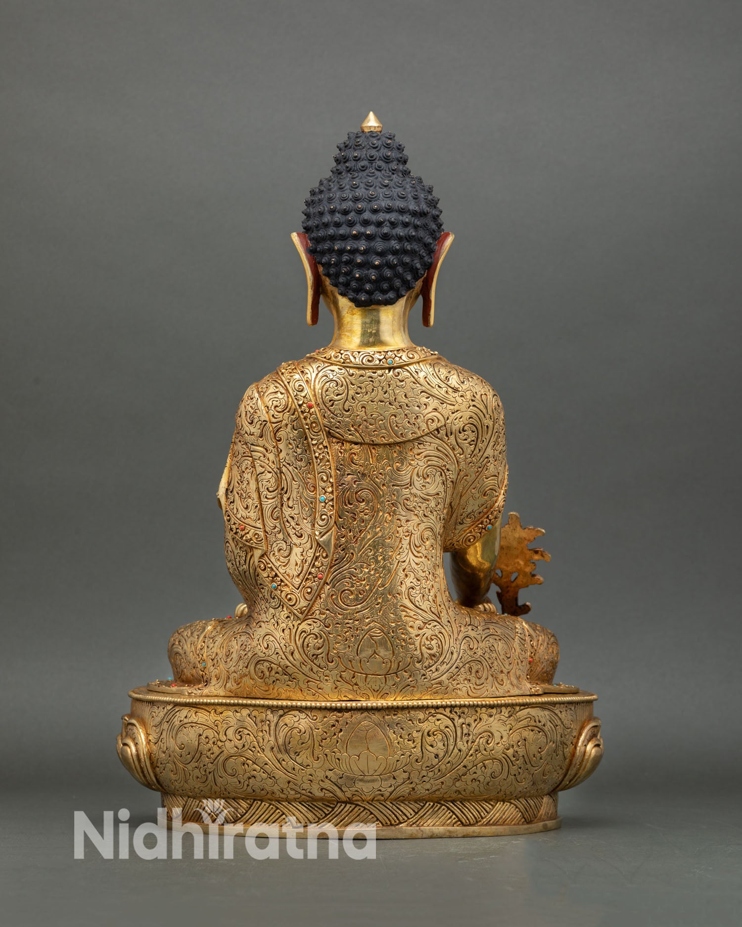 Back view Medicine Buddha statue, handcrafted in Nepal, copper 24k gold gilded, lotus pedestal, detailed engraving, sacred Buddhist altar sculpture