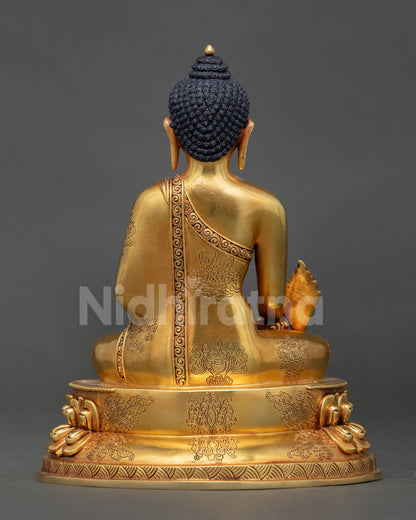 Back view Medicine Buddha Statue, hollow relic chamber, fire-gilded copper, handmade Nepal