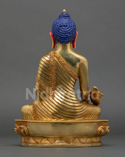 back view medicine buddha statue nepal copper sculpture lotus throne intricate carving details gold finish