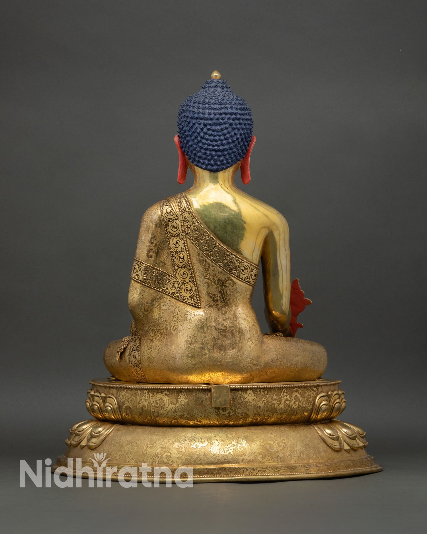 Back view Medicine Buddha statue ornate halo double lotus seat copper gold Nepal craft
