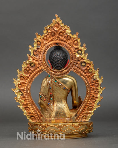 Back view Medicine Buddha statue ornate halo gold gilded copper Himalayan art