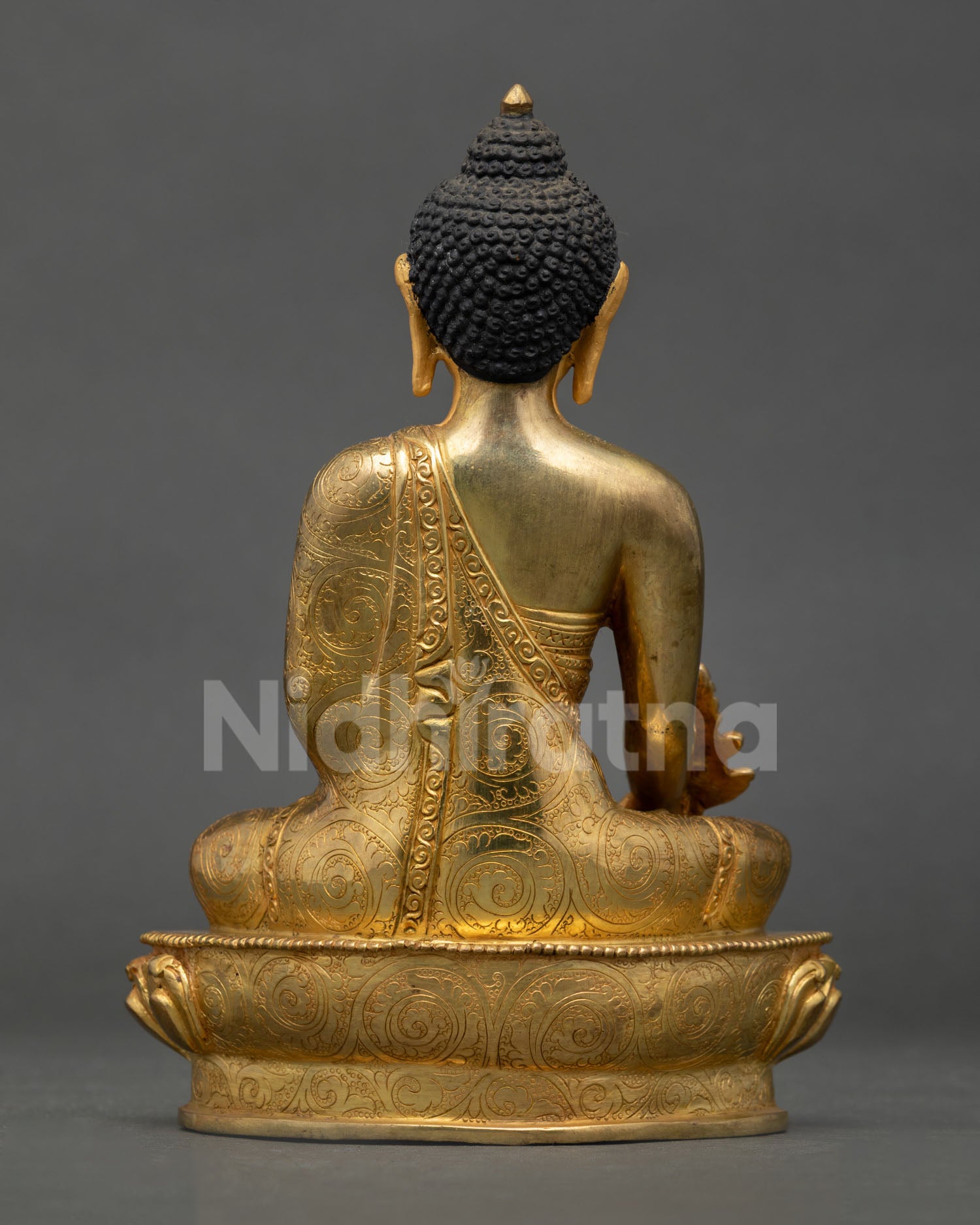 back view medicine buddha statue with detailed lotus base and copper metal finish