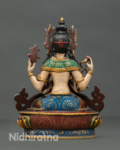 back view mini chenrezig statue with intricate copper work and sacred buddhist design details