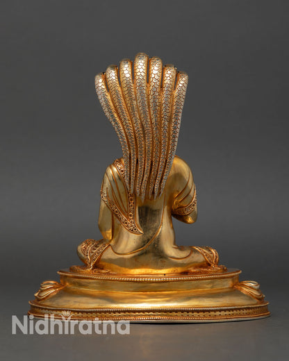 back view nagarjuna statue lotus throne sacred buddhist deity himalayan copper gilded art