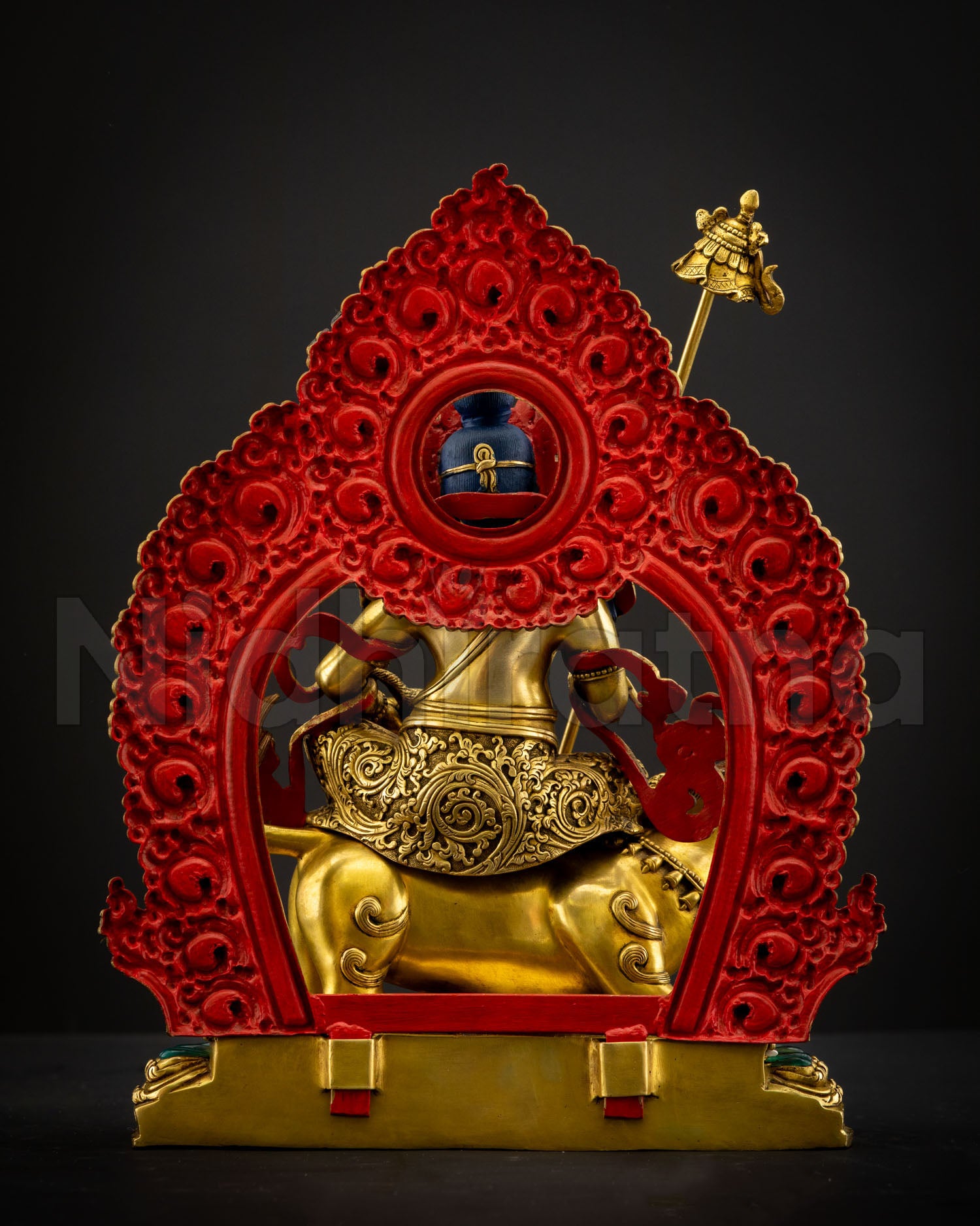 Back view Namtoshe statue revealing detailed halo design lotus throne craftsmanship and hand carved decorative patterns in Tibetan Buddhist sculpture