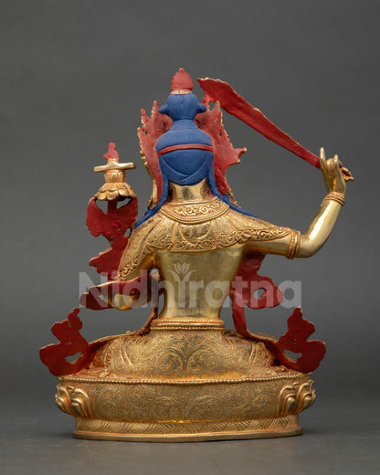Back View of Nepal Manjushree Statue gold gilded Buddhist sculpture sacred Wisdom Bodhisattva home altar meditation decor