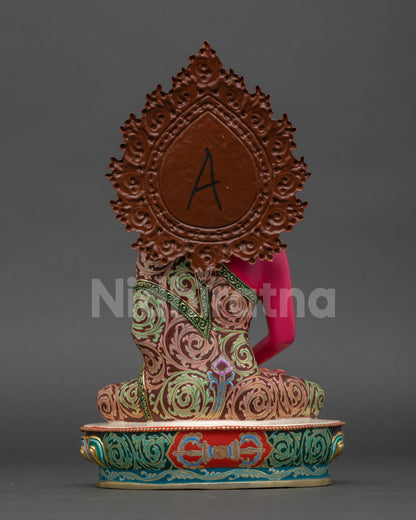 Back view pf Nepalese Amitabha Buddha statue copper handcrafted sculpture with detailed floral halo design for meditation space and sacred home decor