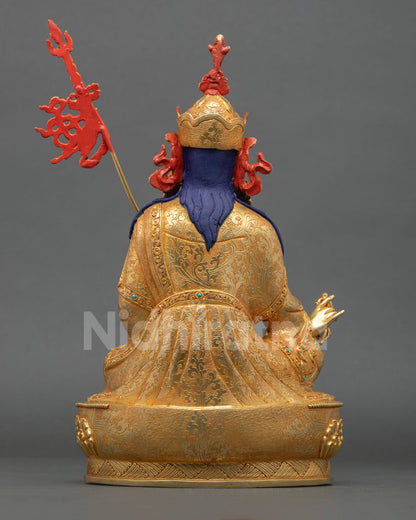 Back view of Nepalese Guru Rinpoche sculpture with lost wax casting work Tibetan Buddhist iconography and engraved finishing