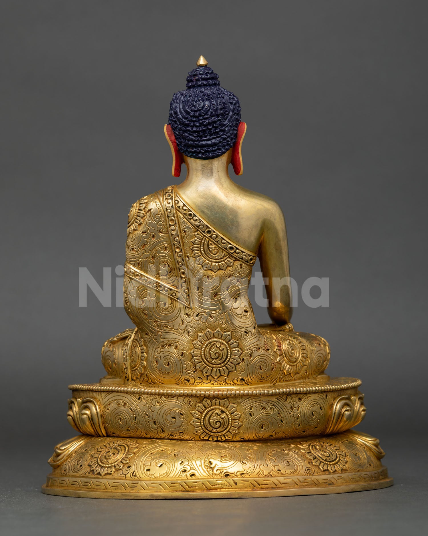 Back view of Nepalese Shakyamuni Buddha meditation statue with intricate craftsmanship