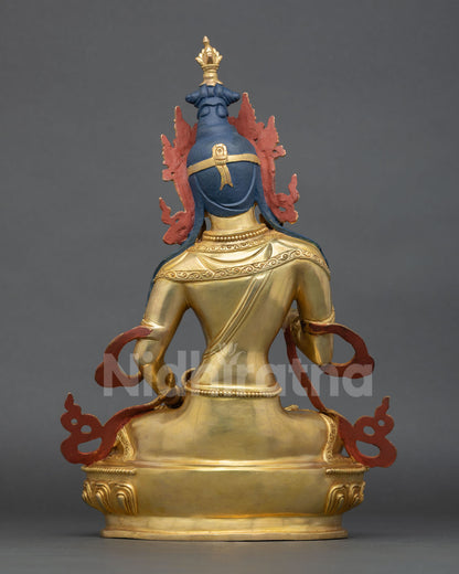 Back view of Nepalese Vajrasattva meditation statue with lost wax metalwork and engraved robe detailing