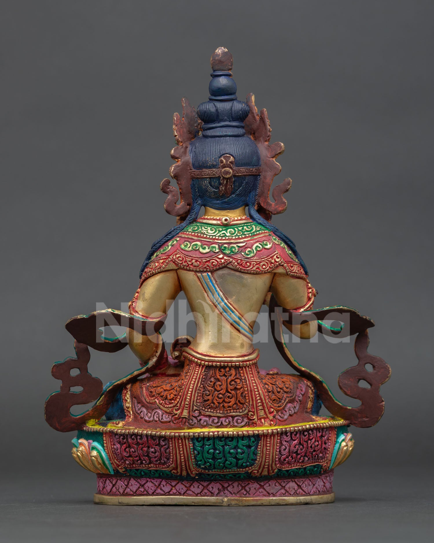Back view of Nepalese Vajrasattva statue with hand painted details semi precious stones and copper base for meditation and sacred space decor