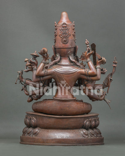 Back view of 18-Armed Chundi statue, hand-cast oxidized copper Buddhist sculpture