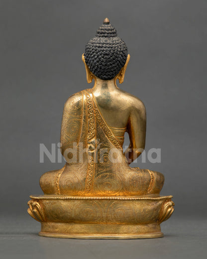 Back view of Amitabha Buddha Statue, engraved copper detailing and lotus pedestal with traditional craftsmanship