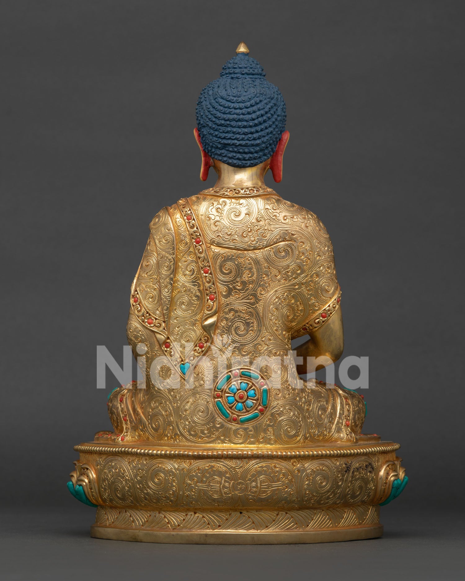 Back view of Amitabha Buddha Statue revealing intricate lotus pedestal, traditional metalwork, and Newari artisan craftsmanship