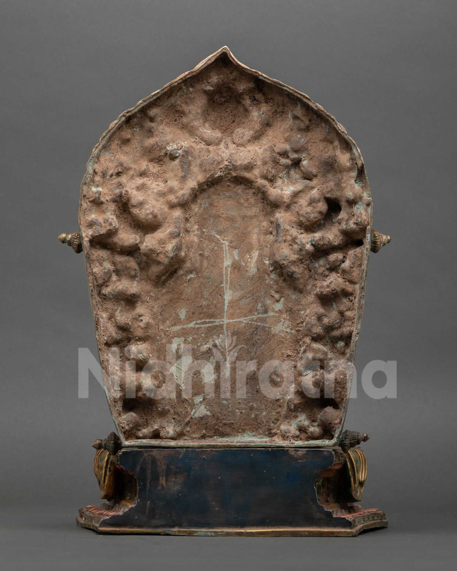 Back view of Amitabha Buddha statue showing engraved throne design and handcrafted details