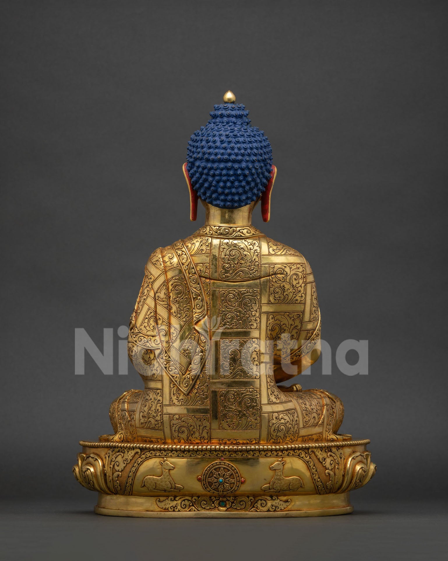 Back view of Amitabha Buddha statue showing repoussé robe patterns, Nepal handmade