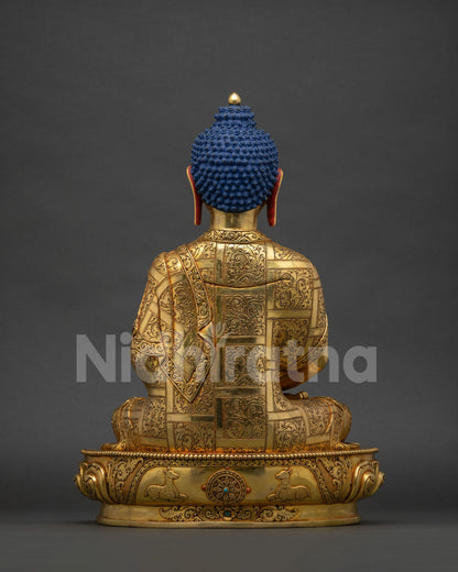 Back view of Amitabha Buddha statue showing repoussé robe patterns, Nepal handmade