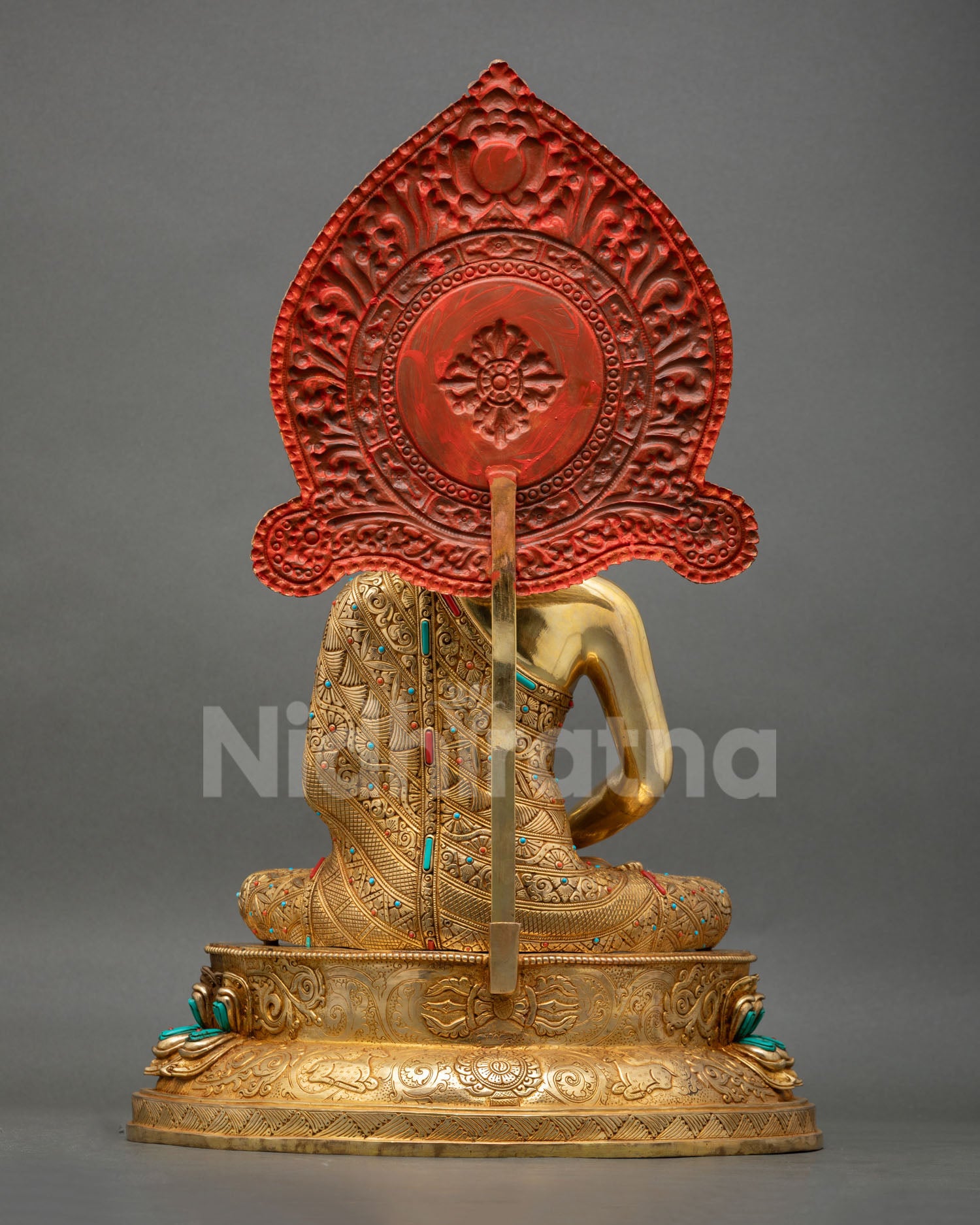 back view of amitabha buddha statue with detailed halo and handcrafted carvings