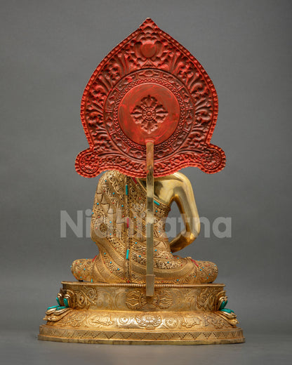 back view of amitabha buddha statue with detailed halo and handcrafted carvings