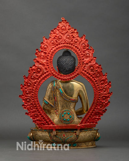 Back view of Amitabha Buddha statue with detailed halo and lotus base