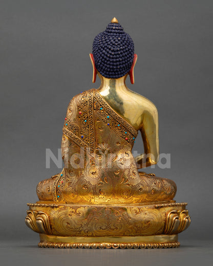 back view of Amitabha Buddha statue with detailed robes and lotus pedestal
