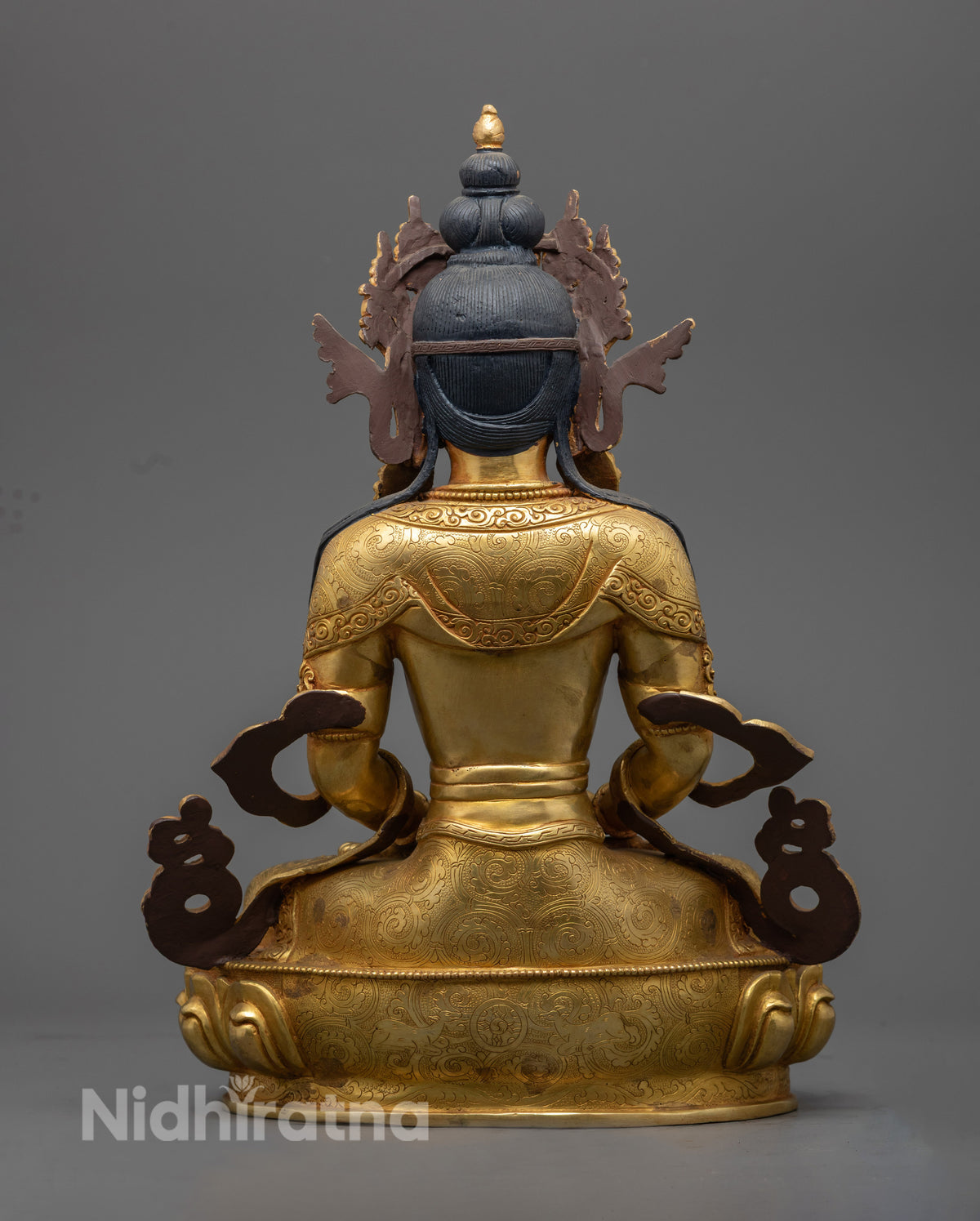 Back view of Amitayus Buddha statue, hand-carved copper, Nepal craftsmanship