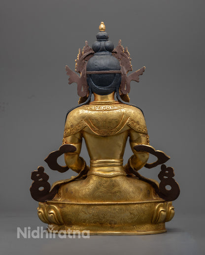 Back view of Amitayus Buddha statue, hand-carved copper, Nepal craftsmanship