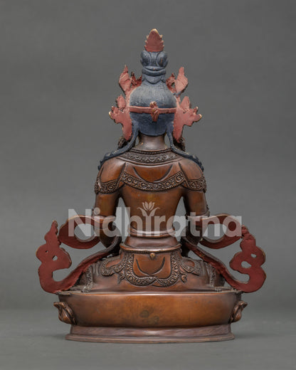 Back view of Amitayus Buddha statue showcasing handcrafted copper body and traditional Nepalese artistry.