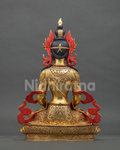 Back view of Amitayus Buddha statue showing hand-carved details and red painted accents